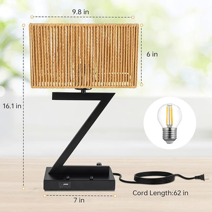 Touch Control Table Lamp, Black Z-Style : 3-Way Dimmable Desk Lamp with USB C & USB A Ports, Bedside Lamp with Phone Stand for Office, Bedroom, Living Room, Includes LED Bulb