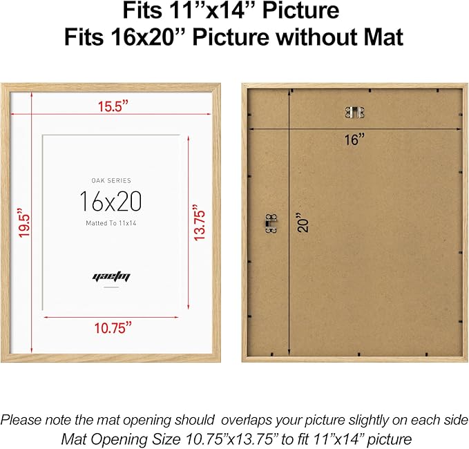 Yaetm Minimalist 16x20 Oak Picture Frame with Mat for 11x14, Natural Solid Oak Wood 16x20 Frame Set of 3, Lightweight, Wall Mount, Wall Gallery for Home & Office, 3 Pack