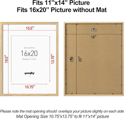 Yaetm Minimalist 16x20 Oak Picture Frame with Mat for 11x14, Natural Solid Oak Wood 16x20 Frame Set of 3, Lightweight, Wall Mount, Wall Gallery for Home & Office, 3 Pack
