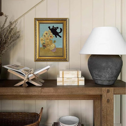 YD&YZY Gold Framed Funny Cat Wall Art Canvas Vintage Black Cat Wall Decor Van Gogh Sunflower Cute Animal Room Print Painting Picture Poster For Home Bedroom Dorm 8x10 inch Small Framed