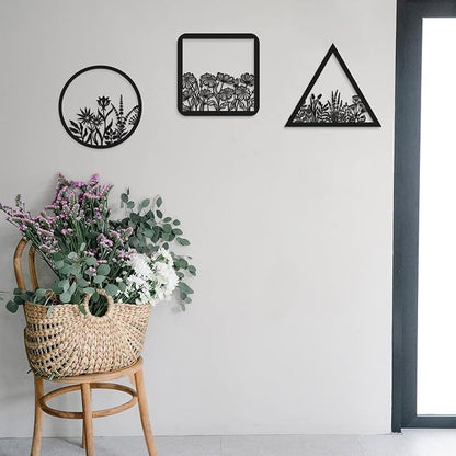 Blulu 3 Pieces Wall Art Wood Wall Pediments Sacred Boho Art Wooden Floral Decor Minimalist Floral Hanging Flower Artwork for Home Dining Room(10 Inch,Dark Black)