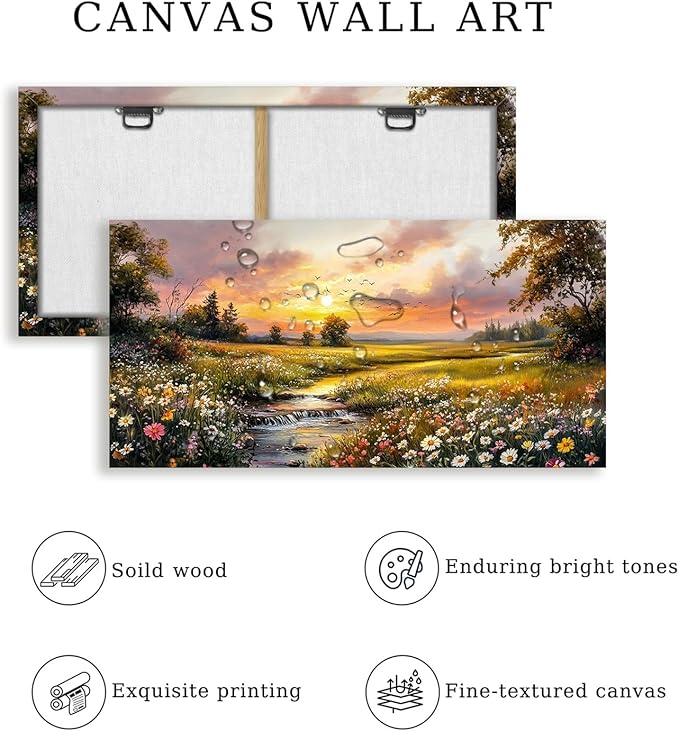 crmotu Nature Sunset Wall Art, Pastoral Extra Large Landscape Painting, River Meadow Wildflower Canvas Prints, Rustic Wall Pictures for Living Room Dining Room Farmhouse Decor Ready to Hang 29X57 In