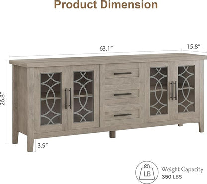 GarveeHome Farmhouse TV Stand with Glass Door for 70 Inch Tv, Mid Century Modern Entertainment Center for Living Room, Rustic Television Stands 2 Storage Door & 3 Drawer for Bedroom (Classic Gray)