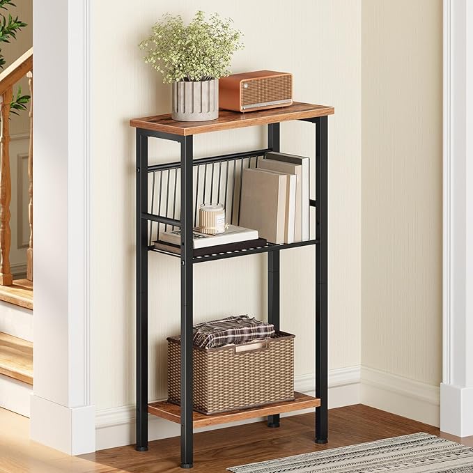 HOOBRO 15.7" Narrow Console Table for Small Space, 3 Tier Entryway Table with Adjustable Shelf, Behind Couch Table, Sofa Table, for Entryway, Hallway, Living Room, Rustic Brown and Black BF41XG01