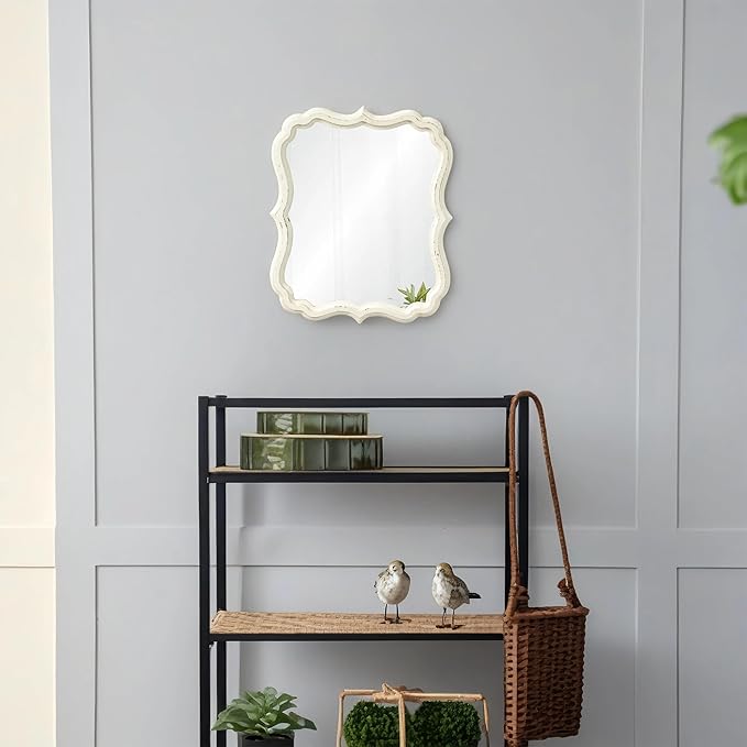 Rustic White Small Scalloped Wall Mirror 12" x 15", Mirror Wall Decor, Decorative Wall Mounted Mirrors, Bathroom Mirrors for Vanity, Distressed Finish Vintage Wall Mirror for Living Room
