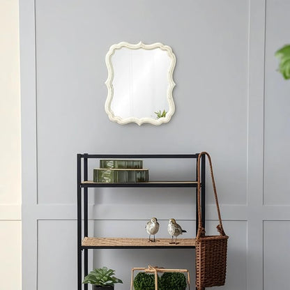 Rustic White Small Scalloped Wall Mirror 12" x 15", Mirror Wall Decor, Decorative Wall Mounted Mirrors, Bathroom Mirrors for Vanity, Distressed Finish Vintage Wall Mirror for Living Room