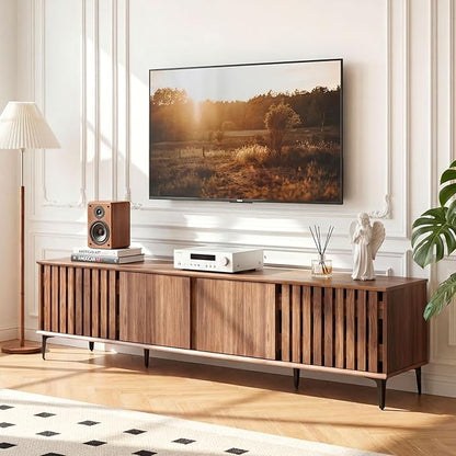 Giantex 4-Door Slatted TV Stand for 80 Inches TVs, Mid Century Modern Entertainment Center with 4 Storage Cabinets, Wooden TV Console Table with 6 Metal Legs for Living Room, Bedroom, Walnut