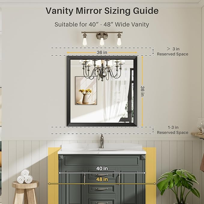 Briivue 36x36 Inch Black Bathroom Mirror for Wall, Thick Metal Framed Rectangle Mirrors for Over Sink, Bedroom, Living Room, Entryway, Anti-Rust, HD Tempered Glass