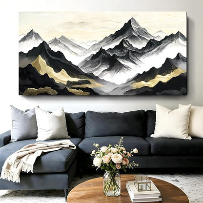 Oversized Black White And Gold Modern Abstract Landscape Wall Art For The Living Room; Canvas Print Of Natural Mountain; A Casual And Elegant Artwork Suitable For Bedrooms, Dining Rooms, Offices, And Galleries. 58X29 Inch