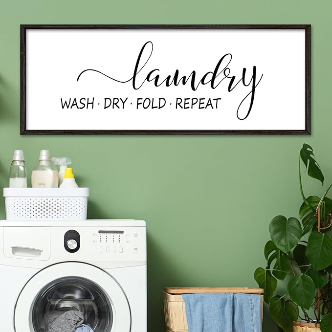 Laundry Room Wall Decor Sign 32"×12" Bathroom Laundry Rules Wash Dry Fold Repeat Large Wood Framed Wall Hanging Art (Black)