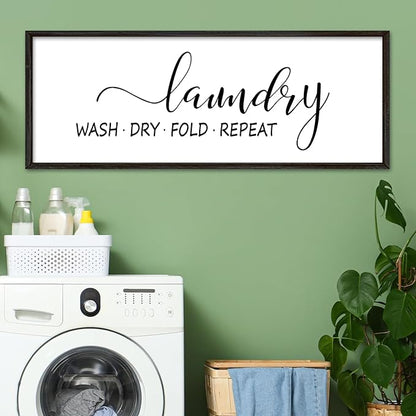 Laundry Room Wall Decor Sign 32"×12" Bathroom Laundry Rules Wash Dry Fold Repeat Large Wood Framed Wall Hanging Art (Black)