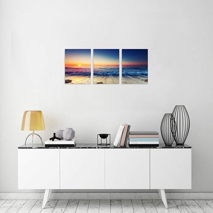 TutuBeer 3 Panels Beach Home Beach Decor Sea Wall Art for Home White Ocean Sea Sunrise with Deep Blue Sky Ocean Pictures Seascape Art for Wall Seascape Art 12" x 16" x 3 Pieces