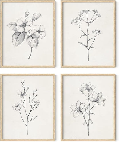 HAUS AND HUES Grey Floral Wall Art - Set of 4 Plant Posters for Wall Vintage, Botanical Prints, Black and White Flower Pictures for Room Aesthetic, Farmhouse Bathroom, Rustic Art (Beige Frame, 16x20)