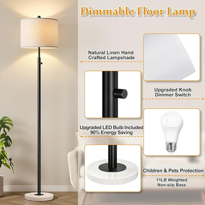 Nintiue Dimmable Floor Lamp for Living Room, 11W LED Bulb Included, Modern Standing Lamp with Marble Base, Tall Pole Light with White Linen Shade for Bedroom Reading Office Corner Nursery-Black