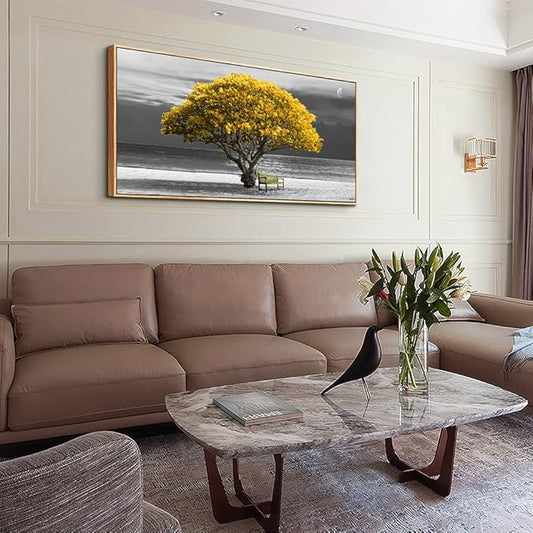 hyidecorart Framed Canvas Wall Art, 30x60in Yellow Trees, Living Room Wall Decor, Natural Wood Frames