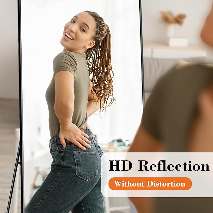 Mirror Full Length, Upgraded 21"x64" Body Wall Mirrors with Shatter-Proof Glass, Floor Standing, Hanging or Leaning, Tall Mirror with Stand Aluminum Alloy Frame for Bedroom, Black