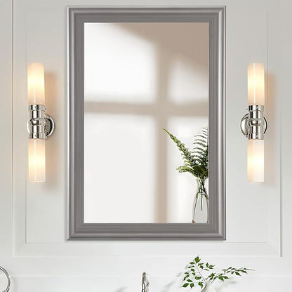Tanmicoshomy Bathroom Mirrors for Wall 24x36 Inch, Rectangle Mirror with Brushed Silver Grey Wooden Frame for Bathroom Bedroom or Entryway