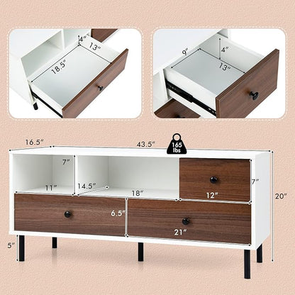 Tangkula Farmhouse TV Stand for 50-inch TVs, Modern Flat Screen Console Table with 2 Cubbies & 3 Large Drawers, Entertainment Center Storage Cabinet for Living Room (White & Walnut)