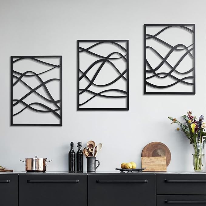 Zzbakress 3 Pcs Black Wooden Wall Decor Abstract Wall Art Decor Fine Curve Decoration Minimalist Wooden Single Line Decoration Wall Art for Living Room Bedroom Bathroom (Retro)