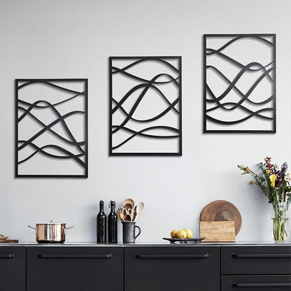 Zzbakress 3 Pcs Black Wooden Wall Decor Abstract Wall Art Decor Fine Curve Decoration Minimalist Wooden Single Line Decoration Wall Art for Living Room Bedroom Bathroom (Retro)