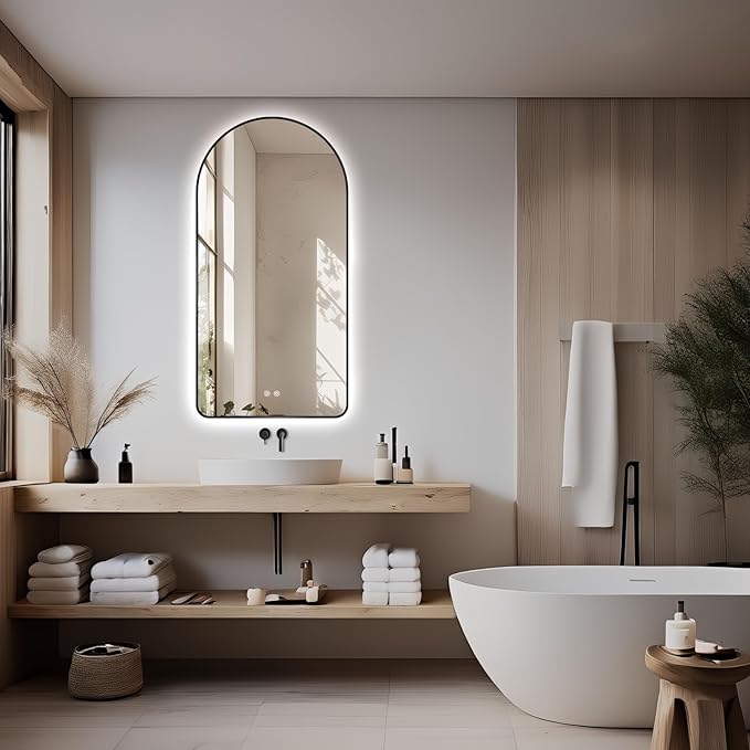 Niccy Arched LED Lighted Bathroom Mirror, 48x24 Inch Backlit Vanity Bathroom Mirror with Lights Brushed Black Framed Wall Mounted Mirrors with 3 Color Shatterproof Arch Smart Fog Free Mirror