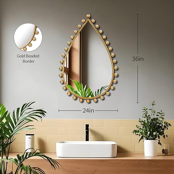 Antique Gold Teardrop Mirror Unique with Ball Frame – 24"x36" Beaded Large Decorative Ornate Wall Mirror for Bathroom, Bedroom, Living Room, Hallway