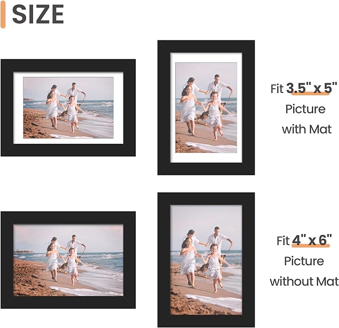 upsimples 4x6 Picture Frame Set of 10, Display Pictures 3.5x5 with Mat or 4x6 Without, Multi Photo Frames Collage for Wall or Tabletop Display, Black