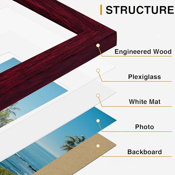 Vittanly 4x6 Picture Frames Set of 9, Display 3.5x5 Pictures with Mat or 4x6 without Mat, Photo Frames for Wall or Tabletop with Plexiglass, Engineered Wood, Cherry Red