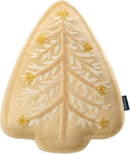 Phantoscope Merry Christmas Tree Decorative Throw Pillow, Velvet Beads Embroidery 3D Shaped Cushion, Suitable for Sofas, Living Rooms, and Beds, Beige, 18 x 14 in