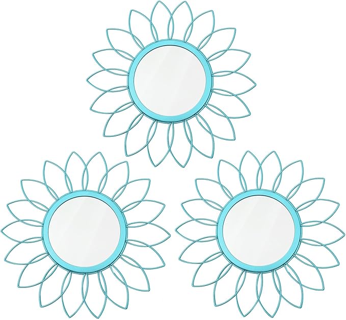 3 Pack Metal Mirrors for Wall Sunburst Wall Mirrors Home Décor Decorative Hanging Wall Art for Living Room Bedroom Entryway (Greenish Blue, Flowers)