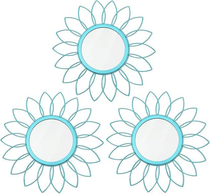 3 Pack Metal Mirrors for Wall Sunburst Wall Mirrors Home Décor Decorative Hanging Wall Art for Living Room Bedroom Entryway (Greenish Blue, Flowers)