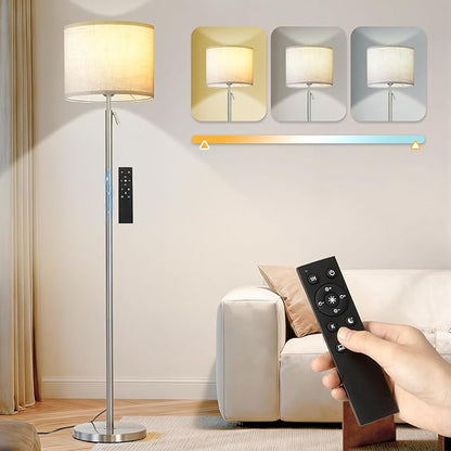 Modern Floor Lamp for Living Room and Bedroom- 55"-67" Height Adjustable Standing Lamps with Dimmable LED Bulb and Remote Control-Bright Tall Stand Light with Shade for Corner Lighting （Silver）