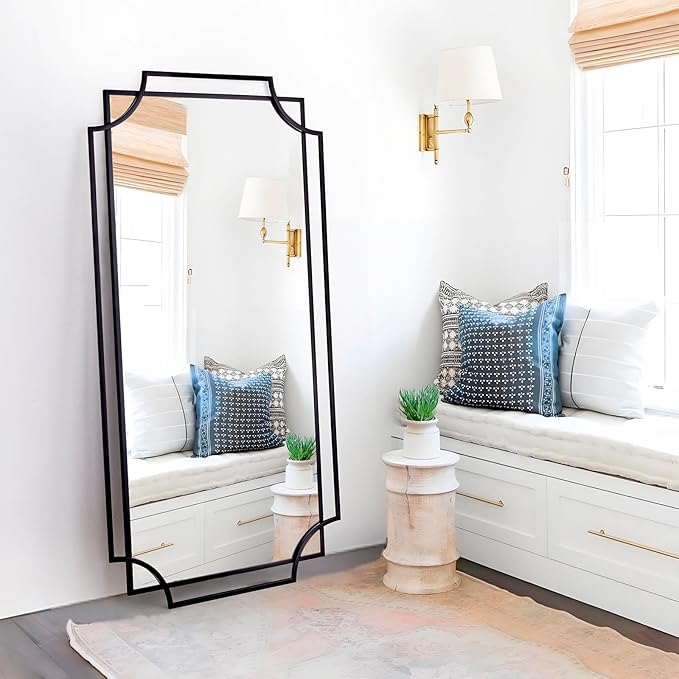 Large Black Mirror for Living Room, 60'' x 30'' Decorative Wall Mirror with Metal Frame, Elegant Scalloped Mirror for Hallway Dining Room Bathroom Fireplace