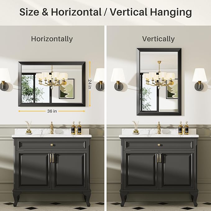 Briivue 24x36 Inch Black Bathroom Mirror for Wall, Thick Metal Framed Rectangle Mirrors for Over Sink, Bedroom, Living Room, Entryway, Anti-Rust, HD Tempered Glass