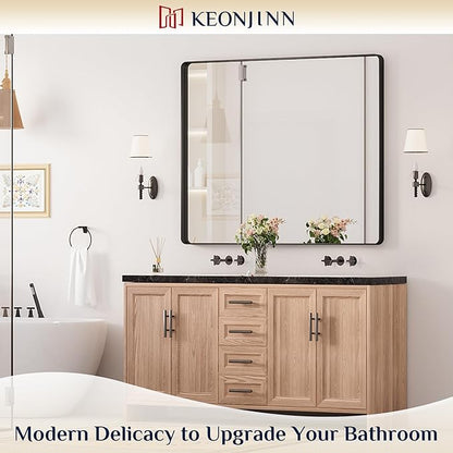 Keonjinn Black Bathroom Mirror for Over Sink, 48" x 40" Large Rounded Rectangle Bathroom Vanity Mirror, Matte Black Sandblasted Finish, Tempered Glass Seamless Aluminum Alloy Frame Decorative Mirror