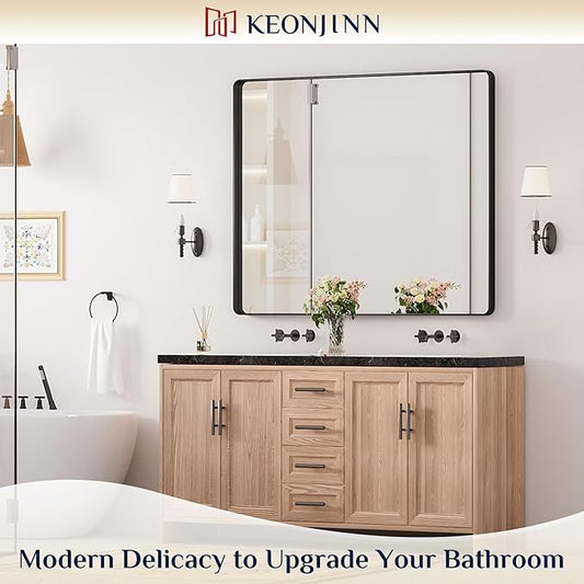 Keonjinn Black Bathroom Mirror for Over Sink, 48" x 40" Large Rounded Rectangle Bathroom Vanity Mirror, Matte Black Sandblasted Finish, Tempered Glass Seamless Aluminum Alloy Frame Decorative Mirror