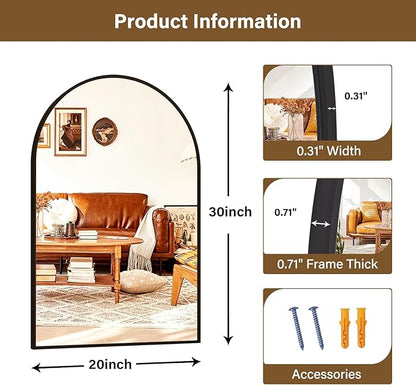 XRAMFY 20"x30" Black Arched Bathroom Mirror - Wall Mirror for Bathroom, Metal Frame Vanity Mirror, Dresser Mirror, Arch Decorative Mirrors for Living Room, Bedroom, Entryway, Mantle