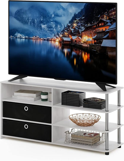 Furinno JAYA Simple Design TV Stand for up to 55-Inch with Bins, White Oak, Stainless Steel Tubes