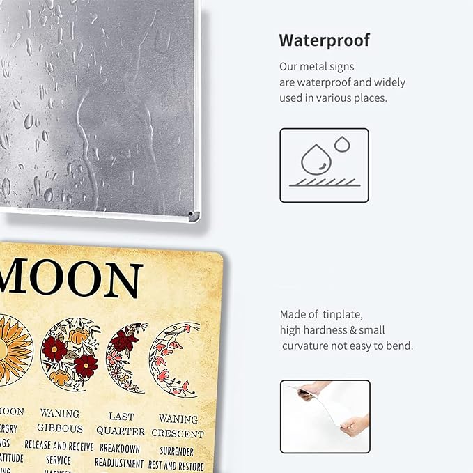 Fmcmly Vintage Metal Tin Signs Moon Phases Meanings Witchery Room Aesthetic Decoration New Year Sign Gift for Parents Home Kitchen Office Garage Bar Coffee Wall Decor 8x12 Inch