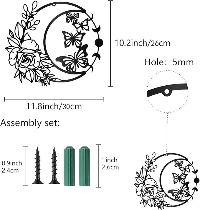 CREATCABIN Moon Rose Metal Wall Art Decor Black Butterfly Wall Hanging Decor Art Hanging Silhouette Ornament for Modern Farmhouse Rustic Home Office Garden Hotel Decoration 11.8x10.2Inch