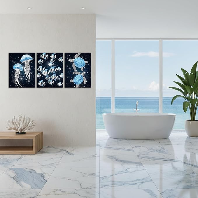 sechars Ocean Sea Life Wall Art Jellyfish Tropical Fish and Sea Turtles Pictures Modern Bathroom Nautical Decor (Blue)