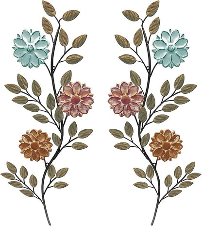 MorningRo 2 Pcs Metal Flower Leaves Wall Art Spring Wall Decor Living Room, 15.75 Inch Vintage Rustic Branch Leaf Wrought Iron Scroll Art Decor for Spring Bedroom Indoor Outdoor Decorations(Colorful)