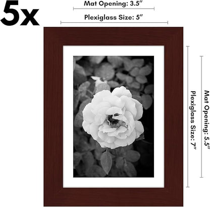 Americanflat 5x7 Picture Frame with Polished Plexiglass - Set of 5 - Use as 4x6 Frame with Mat or Display 5x7 Photo Without Mat - Galleria Collection - Picture Frames for Tabletop and Wall - Mahogany