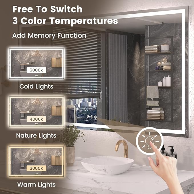Snowdool 72"X40" LED Bathroom Mirror with Front Lights and Backlit, Anti-Fog, Dimmable, Shatter-Proof Tempered Glass, Lighted Bathroom Vanity Mirror for Wall with 3 Colors, Memory Function