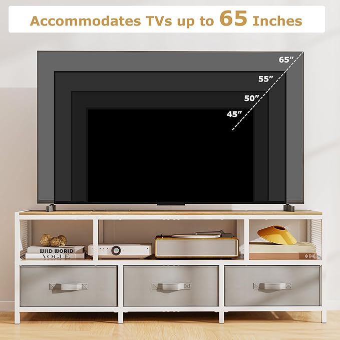 Giantex Dresser TV Stand for 65 Inch TV, Modern Entertainment Center w/Power Outlets, Open Shelf & Fabric Drawers, Television Stands, TV Console Table for Living Room Bedroom (Natural+White)