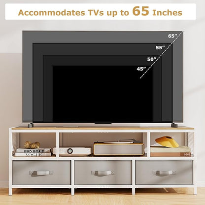 Giantex Dresser TV Stand for 65 Inch TV, Modern Entertainment Center w/Power Outlets, Open Shelf & Fabric Drawers, Television Stands, TV Console Table for Living Room Bedroom (Natural+White)