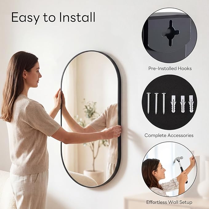 NEWBULIG 24" x 36" Oval Bathroom Mirror, Black Wall Mirror with Metal Frame, Tempered Glass, Morden Vanity Mirror for Over Sink, Entryway, Living Room, Bedroom, Horizontal or Vertical
