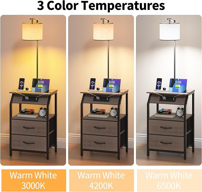 End Table with Floor Lamp, Nightstand with Charging Station, Floor Lamp Table with 3-Color Temperature Bulb, Bedside Table Night Stand with 2 Drawers for Bedroom, Living Room, Greige