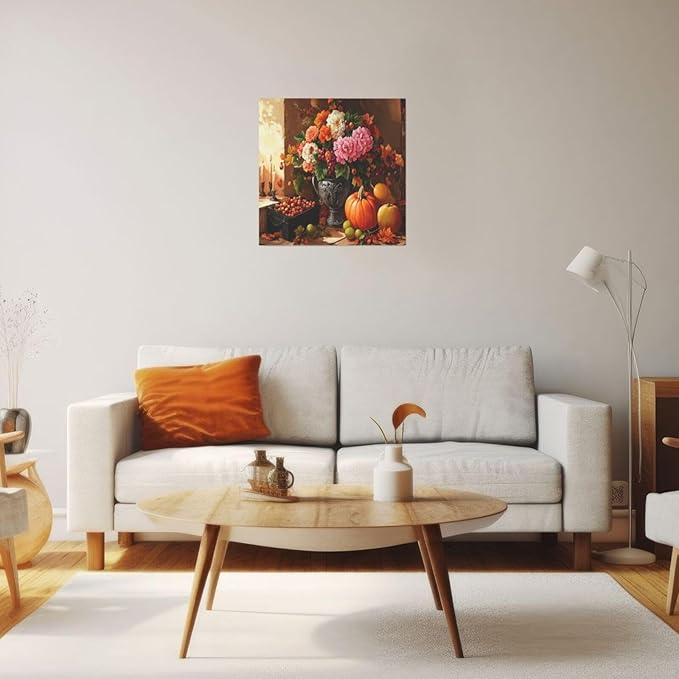 LB Vintage Kitchen Wall Art Pink and White Flower and Orange Pumpkin Floral Canvas Wall Art Modern Aesthetic Wall Decor for Living Room Restaurant Home Decoration Framed Ready to Hang 12L x 12W