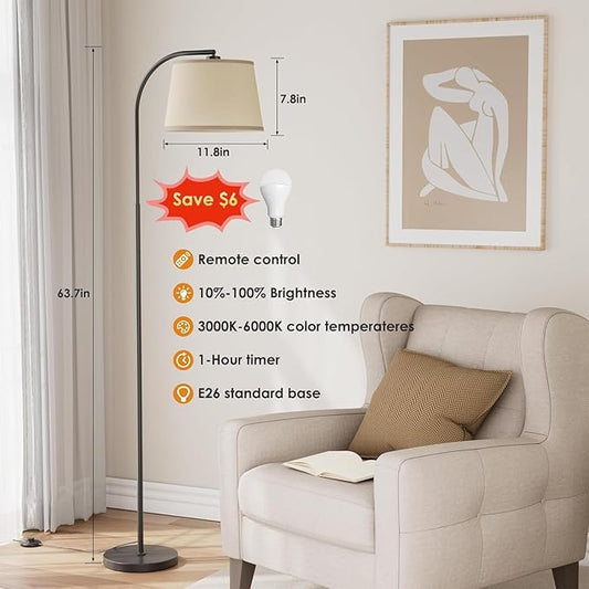 Floor Lamps for Living Room, 64" Arc Floor Lamp with 6000K & Stepless Dimmable,350°H/180°V Rotatable Shade and Remote Control,Black Tall Standing lamps for Bedroom and Office(9W Bulb Included)